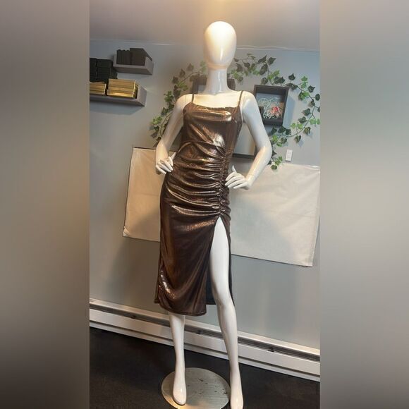 Micas Shiny Bodycon Dress Side‎ Slit Ruched Sleeveless Party Clubwear L - Picture 1 of 12